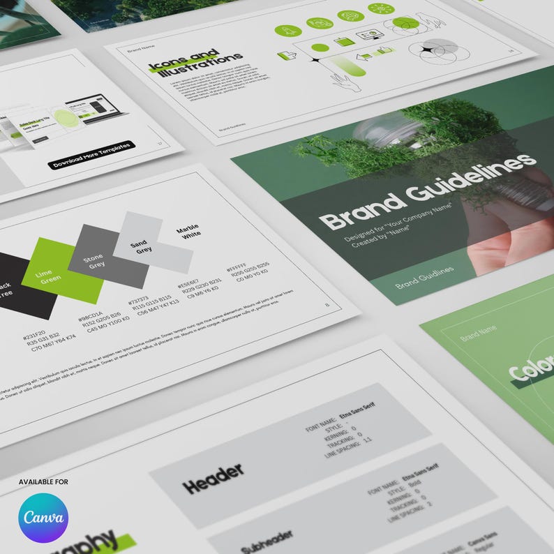 May include: A series of brand guideline documents in green and white. The documents display headings such as "Icons and Illustrations" and "Brand Guidelines." Colour swatches and font details are also shown. The Canva logo is visible.