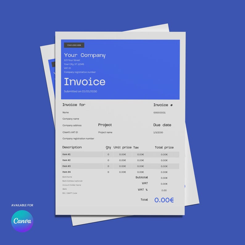 May include: Two white invoices with blue headers and text, including "Invoice" and "Your Company." The invoices have sections for item descriptions, quantities, and prices. The total is 0.00&euro;.