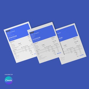 May include: Three white invoices with blue headers and the word "Invoice" in large text. The invoices are on a blue background. The text "Your Company" is at the top of the invoices. The Canva logo is in the bottom left corner.