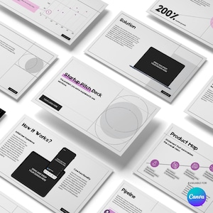 Könnte beinhalten: Eine Sammlung weißer Präsentationsfolien mit minimalistischem Design. Die Folien zeigen Text, Diagramme und Grafiken in Schwarz und Pink, wobei die Wörter "Startup Pitch Deck" und "Product Map" sichtbar sind. Der Text "Drag and Drop Your Design Here" ist ebenfalls enthalten.