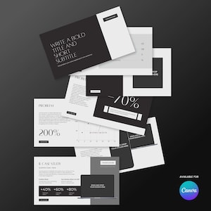 Op de afbeelding: Een verzameling zwart-wit presentatiedia's met tekst en afbeeldingen. De dia's bevatten titels, grafieken en percentage-indicatoren. De zin "WRITE A BOLD TITLE AND SHORT SUBTITLE" is zichtbaar. Het Canva-logo staat rechtsonder.