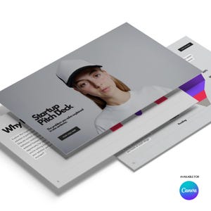 Pode incluir: Uma pilha de slides de apresenta&ccedil;&atilde;o com o t&iacute;tulo "Startup Pitch Deck" e o texto "O problema que voc&ecirc; resolve explicado em uma frase". Uma pessoa usando bon&eacute; e camisa brancos &eacute; vis&iacute;vel. O logotipo da Canva est&aacute; no canto inferior direito.