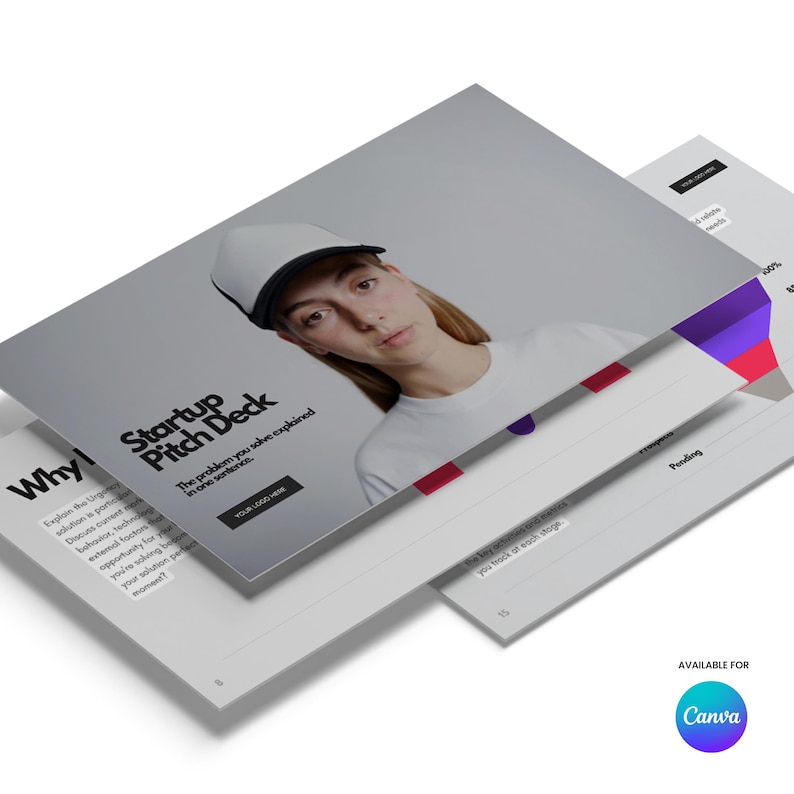 Pode incluir: Uma pilha de slides de apresenta&ccedil;&atilde;o com o t&iacute;tulo "Startup Pitch Deck" e o texto "O problema que voc&ecirc; resolve explicado em uma frase". Uma pessoa usando bon&eacute; e camisa brancos &eacute; vis&iacute;vel. O logotipo da Canva est&aacute; no canto inferior direito.