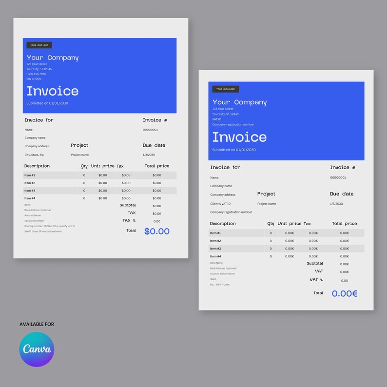 May include: Two white invoices with blue header sections. The word "Invoice" is prominently displayed. The invoices include sections for company information, project details, and itemized descriptions with quantities, unit prices, and totals. The total on one invoice is $0.00.