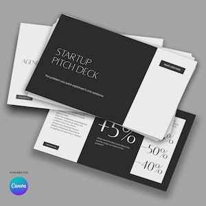 Peut inclure: Une pile de cartes de visite ou de diapositives de présentation en noir et blanc. La carte supérieure indique "STARTUP PITCH DECK" avec le texte "Le problème que vous résolvez expliqué en une phrase." D'autres cartes affichent des pourcentages et le logo Canva.