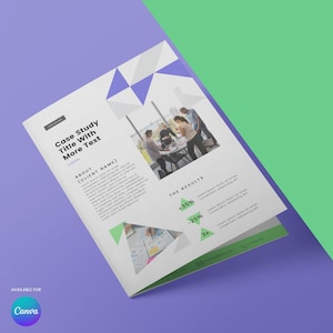 Puede incluir: Un folleto blanco titulado "Case Study Title With More Text" con diseños geométricos y una foto de personas en una reunión. El folleto incluye el texto "About (Client Name)" y "The Results" con indicadores de porcentaje. El logotipo de Canva es visible.