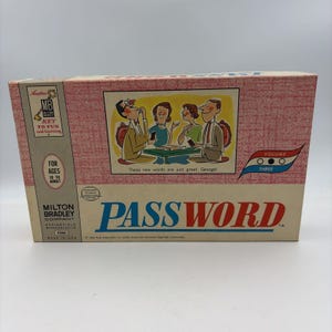 May include: A vintage Milton Bradley Password board game box, Volume Three. The box features a pink textured pattern, a central illustration of four people playing a game, and the text: These new words are just great, George! For ages 10 to adult.