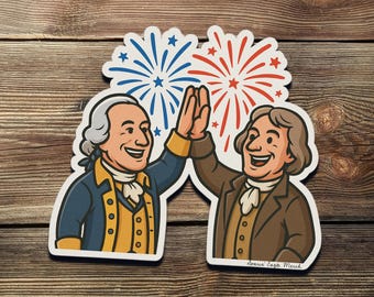 Founding Fathers High Five Sticker – Patriotic 4th of July USA Decal – George Washington & Jefferson with Fireworks – Funny History Gift