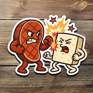 May include: A sticker featuring a cartoon steak punching a cartoon tofu block. The steak is brown with a crosshatch pattern, while the tofu is beige. The background includes an explosion graphic and the text "Souls Eagle Merch".