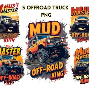 Op de afbeelding: Een digitaal grafisch ontwerp met vijf illustraties van offroad-trucks. Elke afbeelding toont een ander truckontwerp in levendige kleuren, met de woorden "Mud Master" en "Off-Road King". De tekst "5 Offroad Truck PNG" is ook opgenomen.