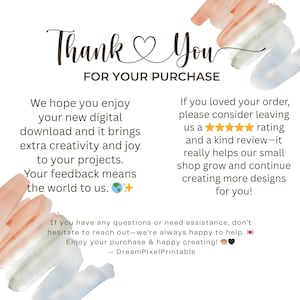 Peut inclure: Une impression d'art num&eacute;rique avec les mots "Thank You" dans un style manuscrit, avec la phrase "FOR YOUR PURCHASE" en dessous. Le texte encourage les commentaires et les avis, avec un fond aquarelle.