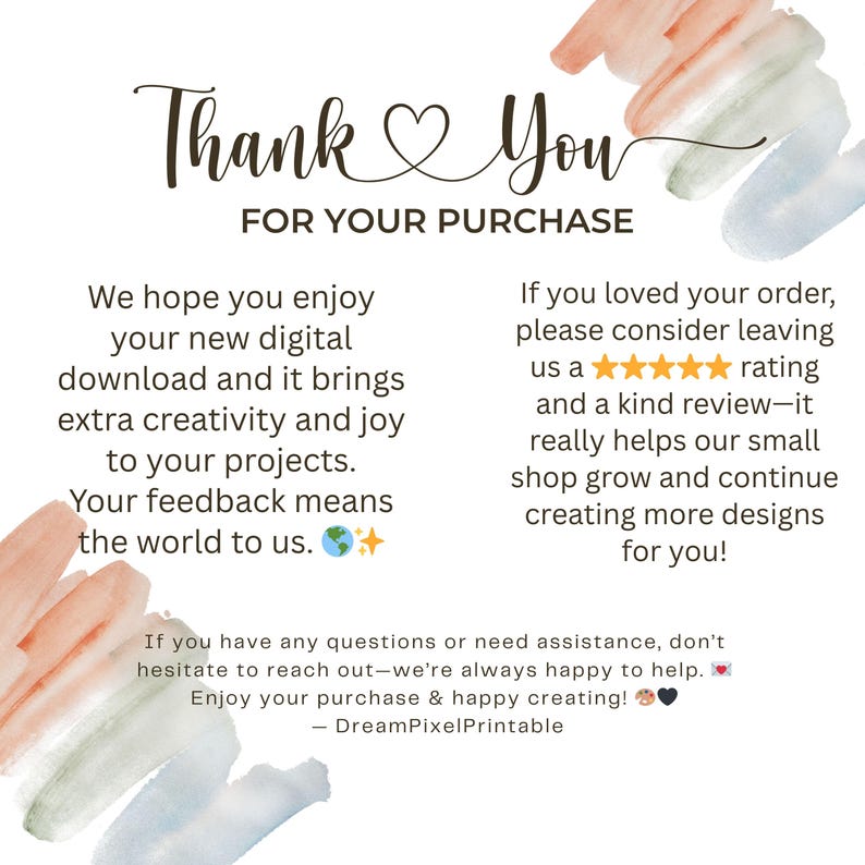 Peut inclure: Une impression d'art num&eacute;rique avec les mots "Thank You" dans un style manuscrit, avec la phrase "FOR YOUR PURCHASE" en dessous. Le texte encourage les commentaires et les avis, avec un fond aquarelle.