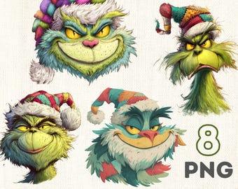 Créature de Noël verte espiègle des cliparts | Dessin animé des Fêtes PNG (Téléchargement numérique)