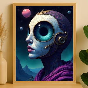 Surreal Space Android Wall Art | Futuristic Sci-Fi Portrait Digital Download | Cyberpunk AI Alien Artwork for Modern Decor