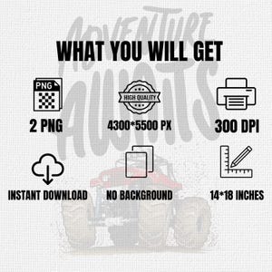 Peut inclure: Image avec le texte "WHAT YOU WILL GET" et "ADVENTURE AWAITS". Comprend des ic&ocirc;nes pour les fichiers PNG, le t&eacute;l&eacute;chargement instantan&eacute; et des dimensions de 35,56 cm x 45,72 cm. Affiche &eacute;galement "HIGH QUALITY" et "300 DPI".