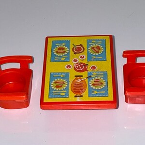 Pu&ograve; includere: Un tavolo e due sedie in plastica rossa con una tovaglia gialla e blu che presenta un hot dog e altri cibi.