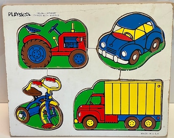 Rompecabezas vintage de 4 piezas Playskool de los años 70 con ruedas, primer rompecabezas de madera para niños pequeños
