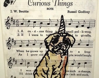 Archival matted art print of original pugacorn unicorn pug dog curious things mixed media