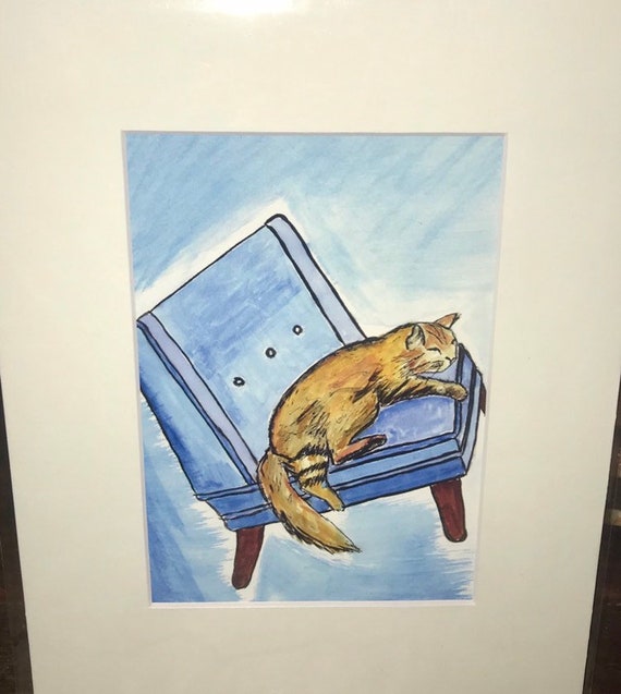 Archival Matted Art Print of Original of Cat in Midcentury Chair Series Cat  on Blue Chair Mixed Media 