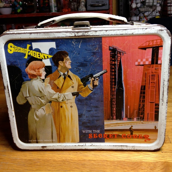 vintage Secret Agent man King Seeley thermos metal lunch box lunchbox with decoder chart RAD
