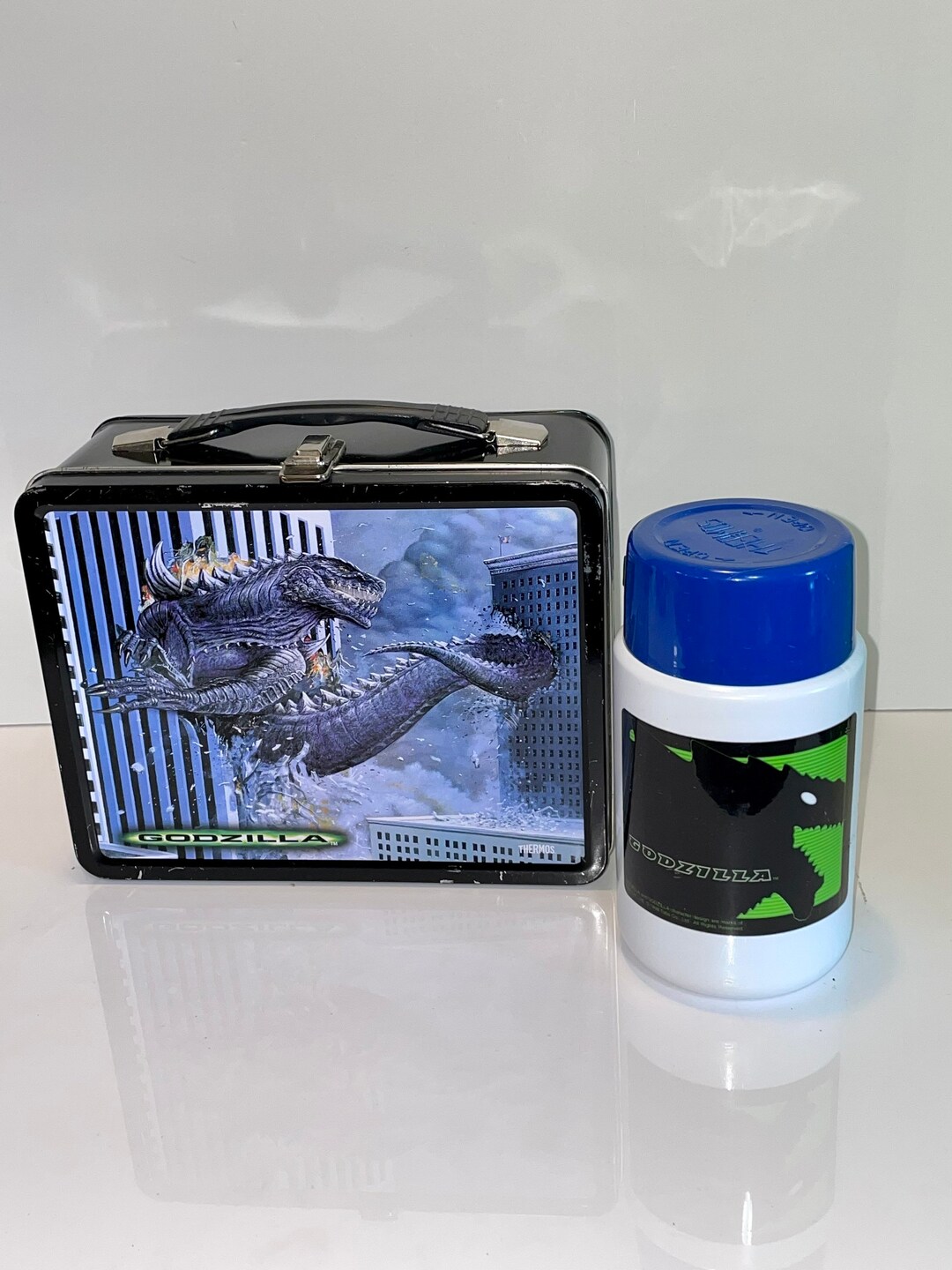 1998 Godzilla Movie Full Size Metal Lunch Box Lunchbox and Thermos