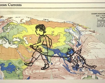 Archival matted art print of original little boy walking his pet dragon on vintage map 1