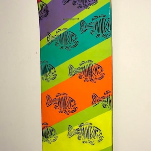 original fish skeleton screen print on painted skate board deck art “death spawn”