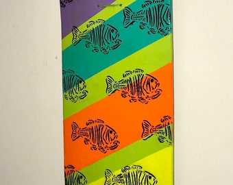 original fish skeleton screen print on painted skate board deck art “death spawn”