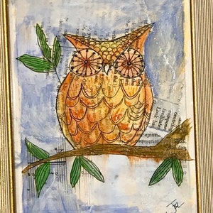 Original mixed media owl in a vintage upcycled frame