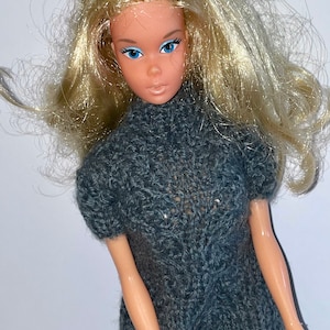 vintage Barbie doll and friends clothes unmarked knit dark grey dress with snap at the neck