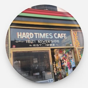 1 inch button of original photograph from my series of local businesses photos Hard times cafe