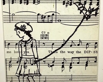 Archival matted art print of original little girl walking her pet bat on vintage music