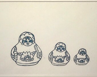 Archival matted art print of an original screen print I did of a set of Russian nesting dolls matryoshka dolls