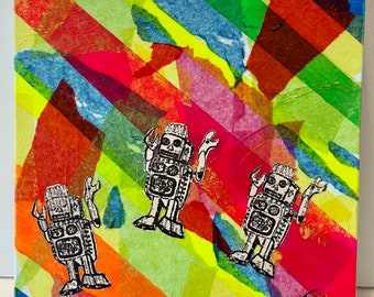 Original 10x10 inch acrylic "Robot surprise party" on deep gallery wrapped canvas #1