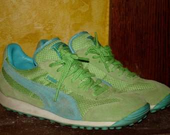 vintage Puma ladies sneakers lime green and turquoise waffle fabric and suede tennis shoes RAD