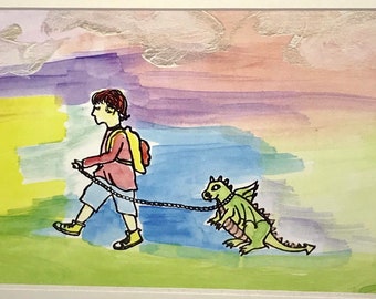 Archival matted art print of original little boy walking his pet dragon water colored screen print