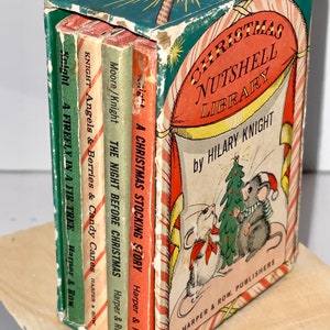May include: A set of four vintage Christmas books in a green box with a red and white candy cane design. The books are titled "A Christmas Stocking Story", "The Night Before Christmas", "Angels & Berries & Candy Canes", and "A Firefly in a Fir Tree". The box is labeled "Christmas Nutshell Library by Hilary Knight".