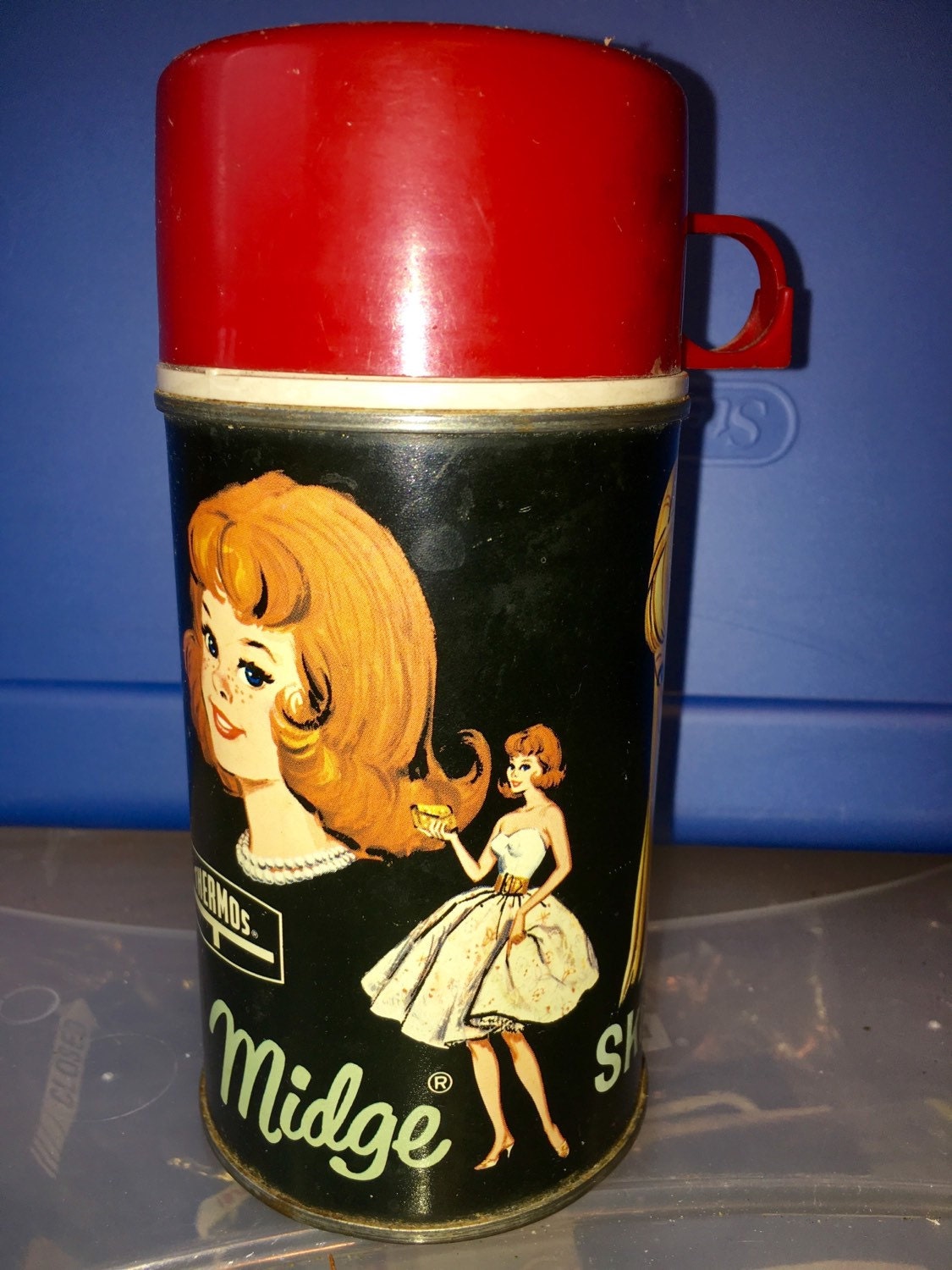 Vintage Mattel Barbie Skipper Midge Thermos, Glass Container, Yellow Lid 