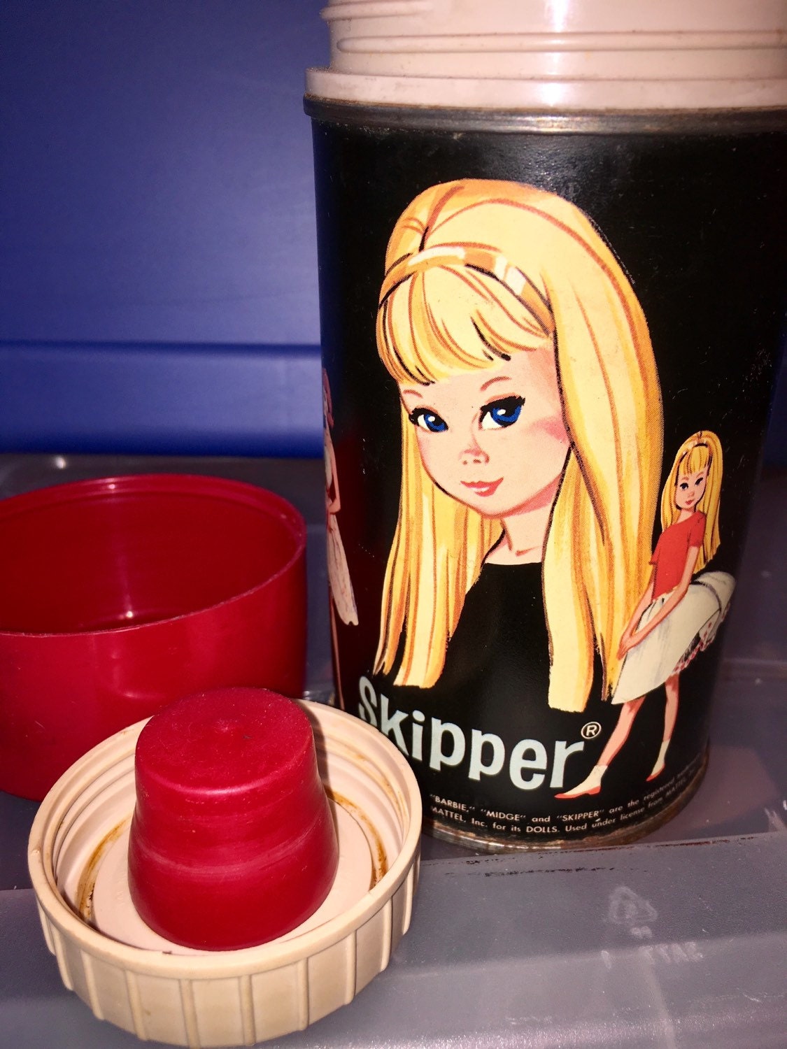 1965 Barbie Midge Skipper Lunchbox Thermos Only Mattel Doll Girl's Toy  Vintage