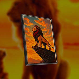 Op de afbeelding: Ingelijst kunstwerk met een majestueuze leeuw op een rots. De leeuw heeft een bruin lichaam en een rode manen, tegen een zonsonderganghemel met oranje en blauwe tinten. Het kunstwerk is omlijst met een zwarte rand.