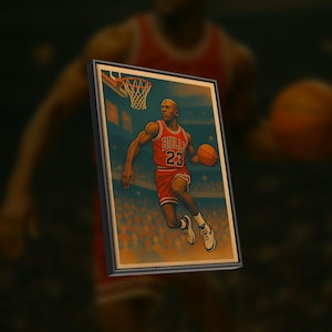 May include: A vintage-style poster featuring a basketball player in mid-air, wearing a red and black jersey with the number "23" and the word "BULLS" on the front. The player is holding a basketball and is about to dunk the ball. The poster has a yellowed background and a black frame.