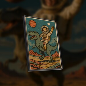 Póster de astronauta montando dinosaurio | Arte de pared de ciencia ficción retro divertido | Impresión vintage de dinosaurio espacial | Decoración de habitaciones infantiles | Descarga digital