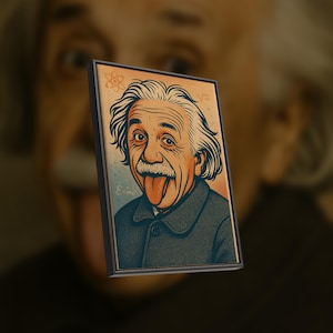 以下が含まれることがあります： アインシュタインが舌を出している漫画イラストが描かれた額入りアートプリント。アートワークは、オレンジ、青、黒の色調のヴィンテージスタイルです。原子記号は左上にあります。背景はぼやけています。