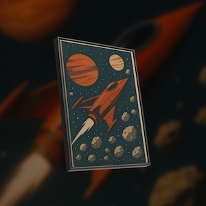 May include: A framed illustration of a red rocket ship flying through space with a trail of smoke. The rocket is surrounded by stars and asteroids. There are two planets in the background, one orange and one brown.