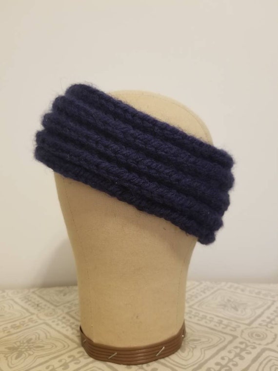 Navy Blue Brioche Knit Ear Warmer | Cozy Hand Knit Headband  display picture 3