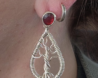 Tree of Life Garnet & Sterling Silver Stud Earrings - Yggdrasil Wire Wrapped Dangles