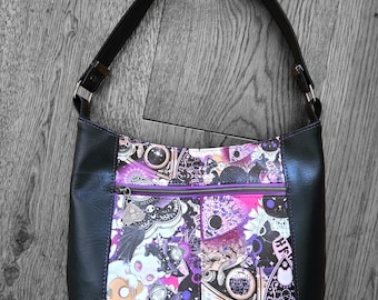 Witchy Cat & Planchette Shoulder Bag – Slouchy Purple Spell Tote with Crescent Moons