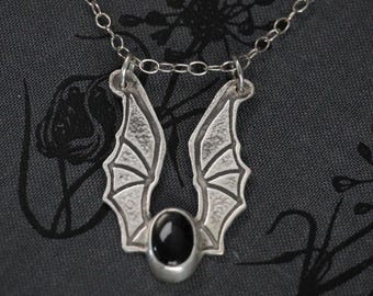 Bat Wing Ring Keeper Necklace – Black Moonstone Pendant for Witches, Readers & Goth Moms