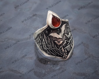 Vampire Bat Ring | Garnet Sterling Silver Statement Ring | Size 9 1/2