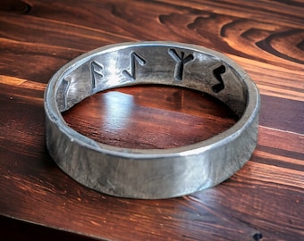 Minimalist Viking Rune Wedding Ring with Custom Message | Sterling Silver Personalized Inscription Mens Band